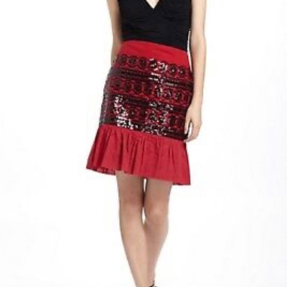 ANTHROPOLOGIE MOULINETTE SOEURS Crimson Red Embellished Peplum Skirt size 4